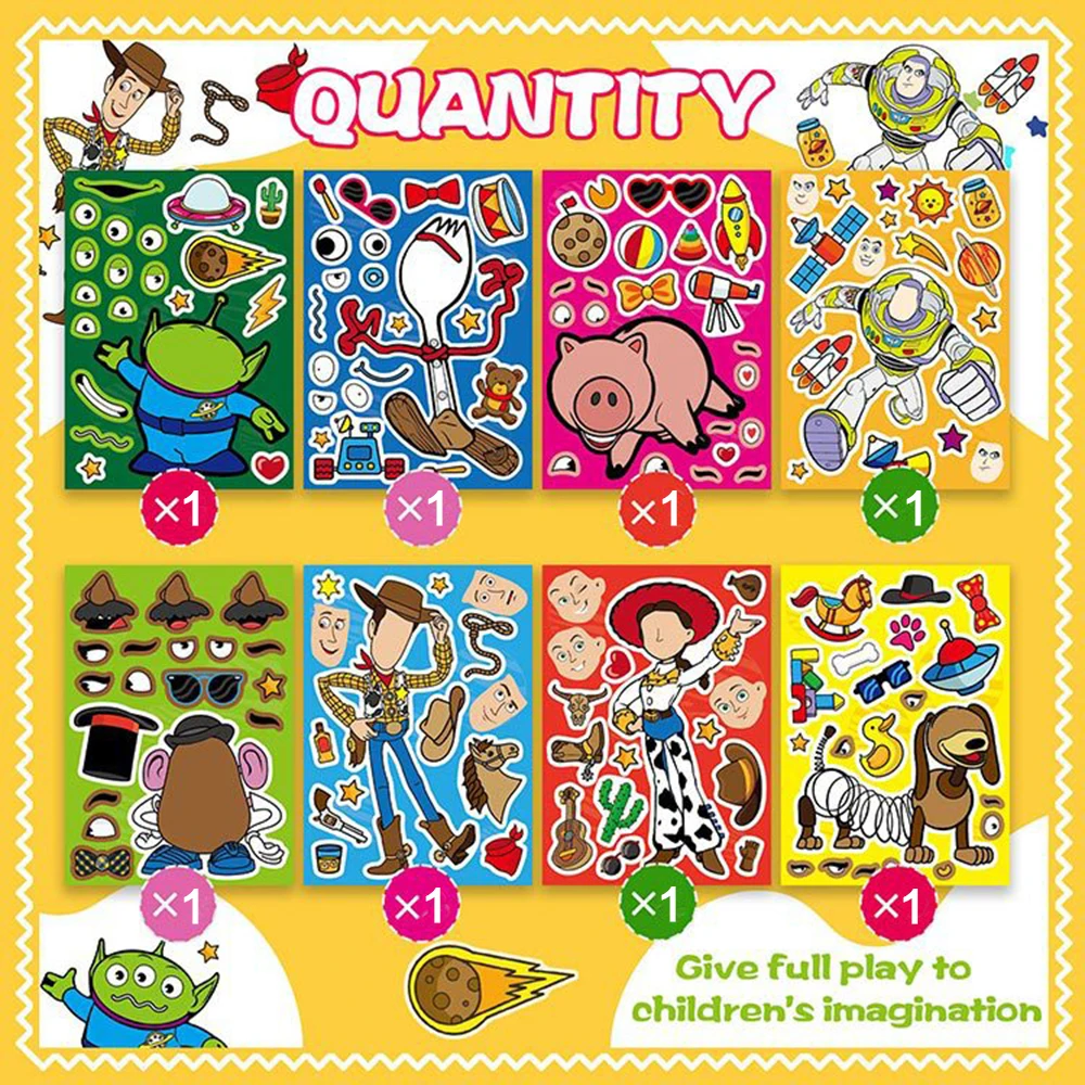 8/12Sheets Disney Toy Story Puzzle Stickers Game Kids Toy DIY Jigsaw Make a Face Party Decoration Gifts For Baby Boys Children