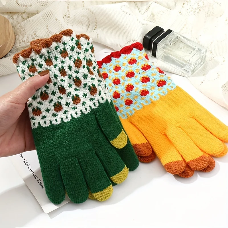قفازات لطيفة منسوجة بنمط الأزهار للنساء ، إصبع مقسم مرن ، شاشة تعمل باللمس ، ملونة ، أنثى ، شتاء #6
