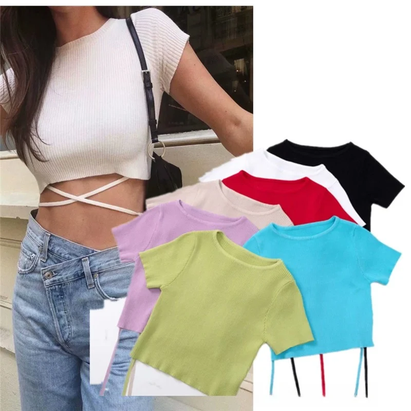 

American Sle Sexy Knot Knitted ort Sve Женская однотонная утягивающая футболка ort Fitn Street Sle Summer Thin