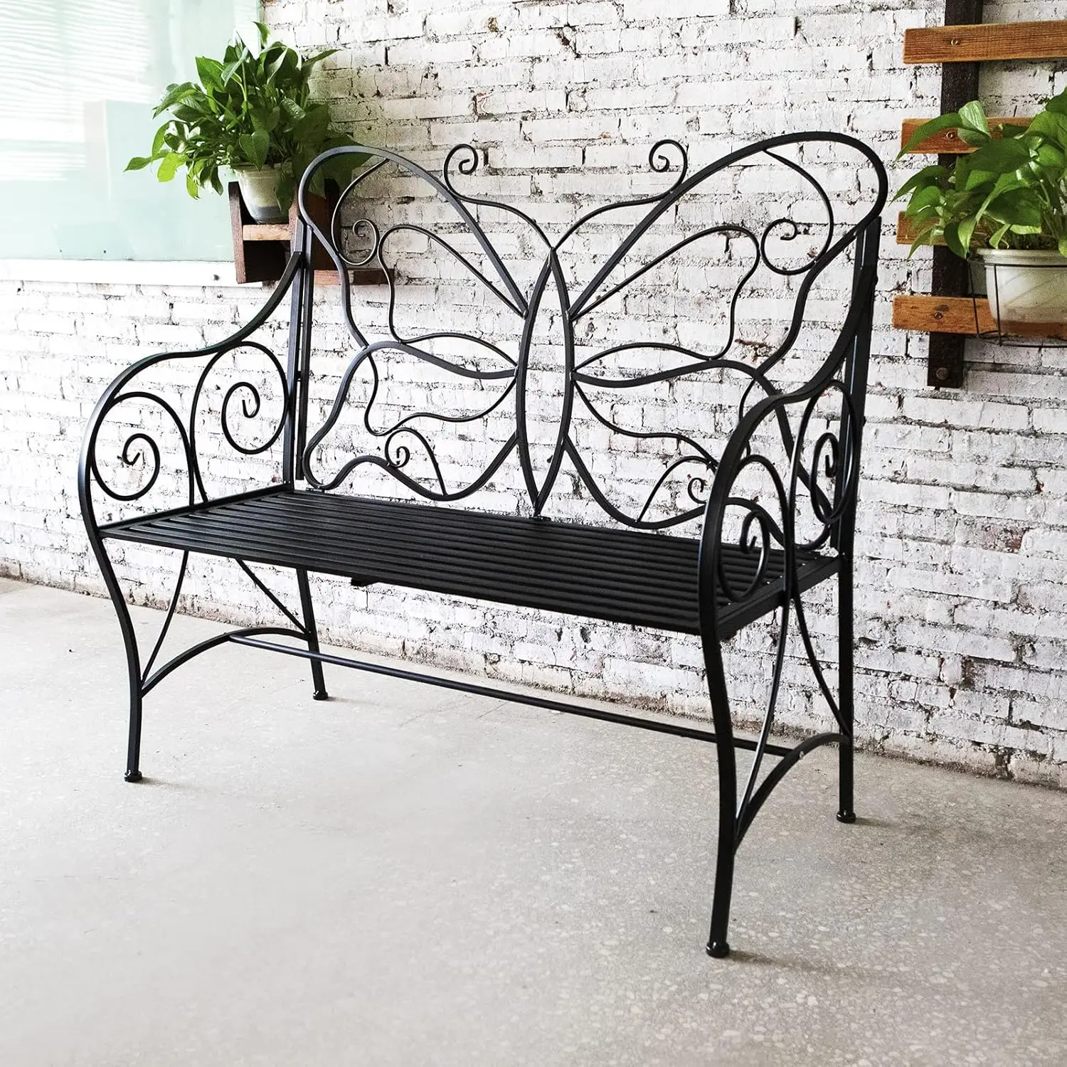 Outdoor Butterfly Bench with Armrests, Sturdy Cast Iron for Park Yard Patio Porch Lawn Double Seats