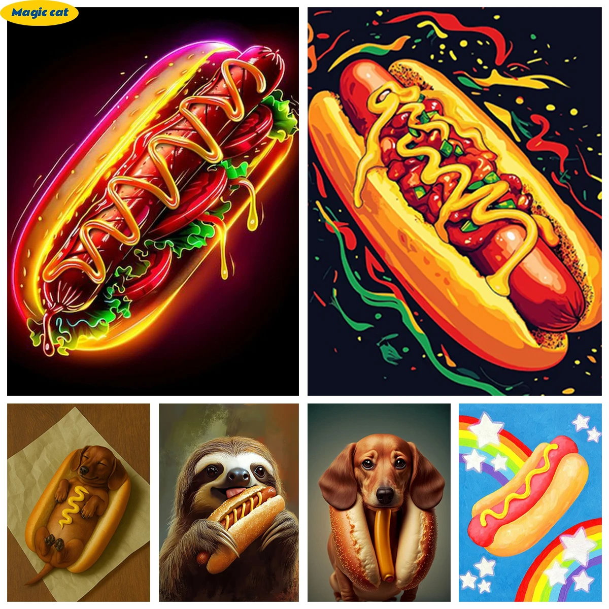 

Delicious Hot Dogs 5D Diamond Painting Dachshund Eating Hot Dog DIY Mural Diamond Embroidery Fun Living Room Decor