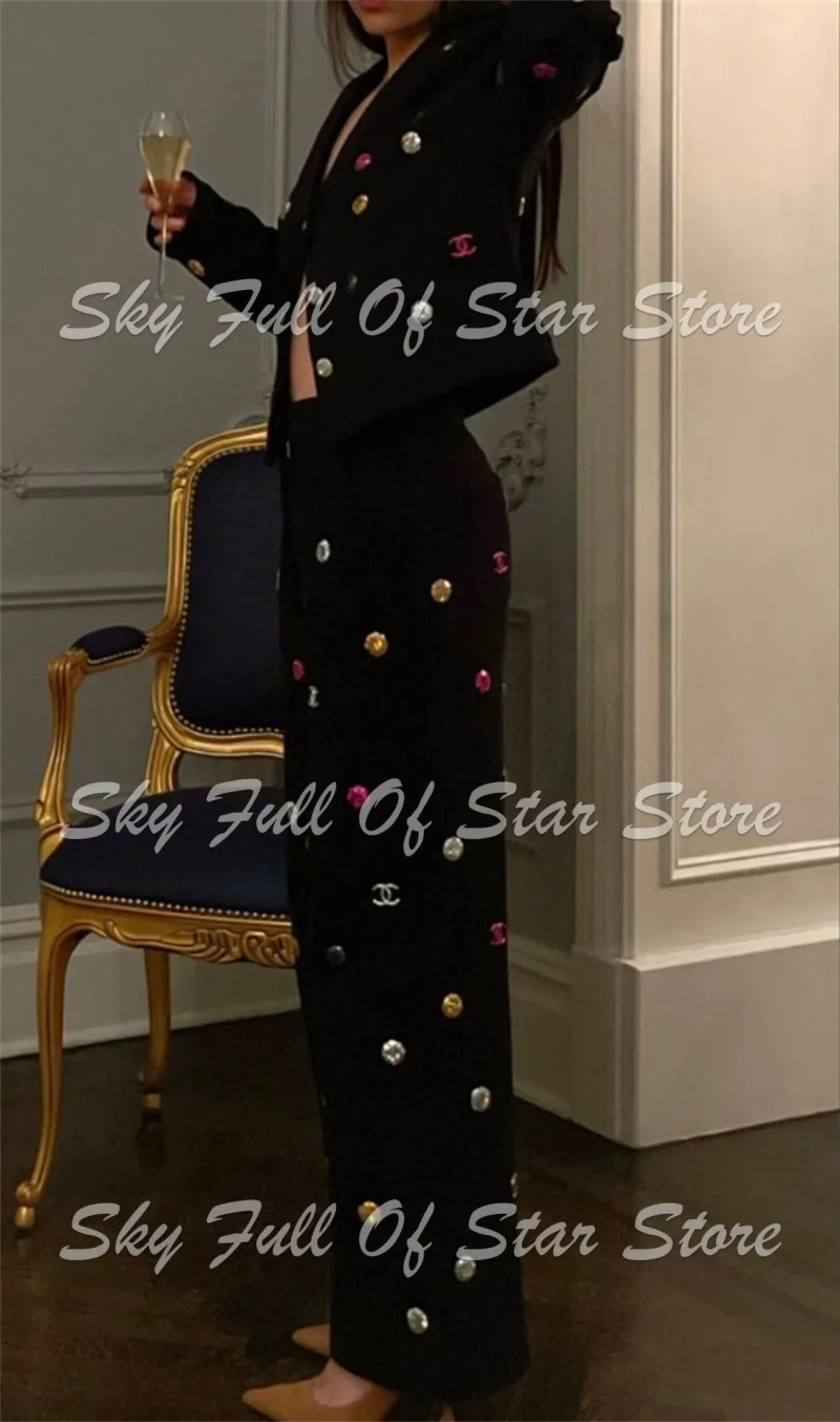 Luxury Women Siut Set 2 Pcs Multi Color Rhinestone Embellished Cropped Jacket Wide Leg Trousers Custom Cocktail Birthday Wear