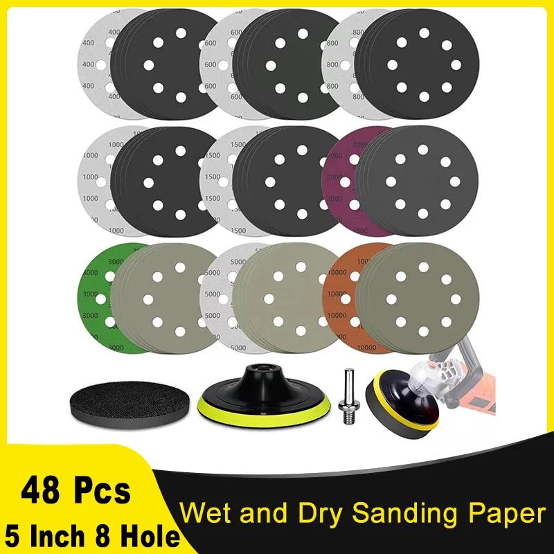 

5 Inch 8 Hole Wet & Dry Sanding Paper Kit 48 Pcs with Backing Pad M10 Assorted 400-10000 Grit Angle Grinder Attachment for Car