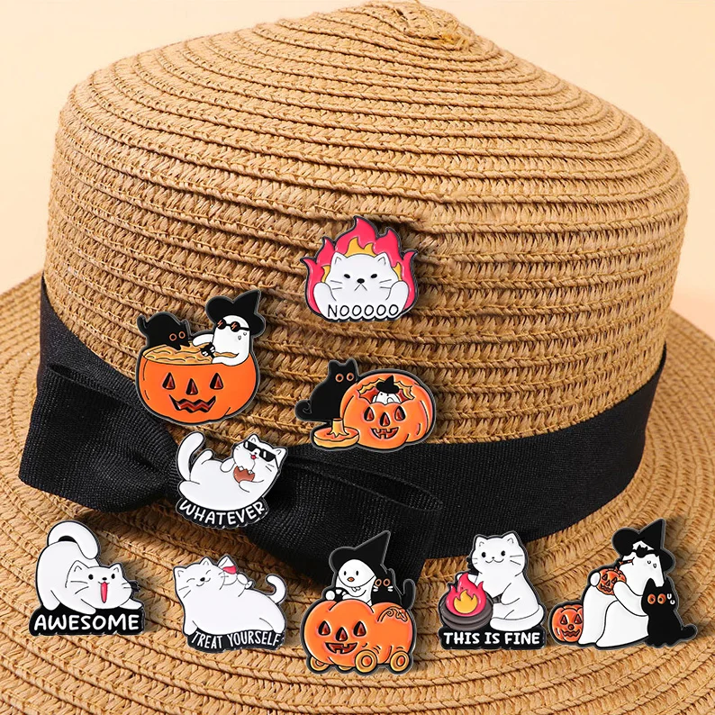 Cute White Cat Enamel Pins Custom THIS IS FINE TREAT YOURSELF Brooches Lapel Badges Animal Jewelry Gift for Friends
