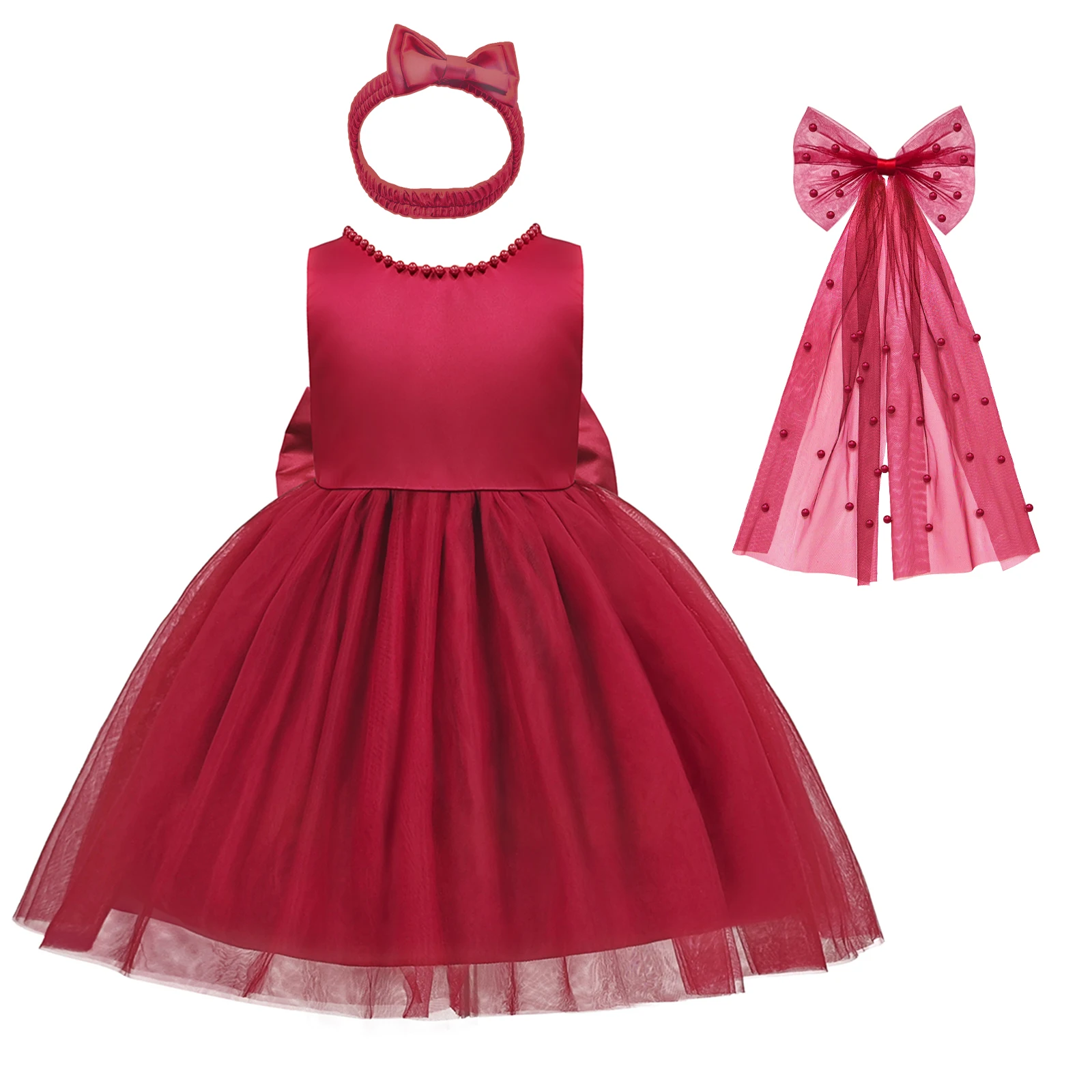 فستان الأميرة الشيفون من التول مع ربطة رأس دبوس شعر لؤلؤي للأطفال في أعياد الميلاد وحفلات الزفاف وحفلات التخرج وحفلات الكريسماس