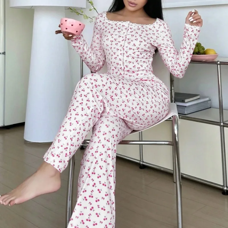 Cross-border Underwear European and American Sweet Love-shaped Lace Loungewear Trousers Long-sleeved Women's Pajamas Set Lounge