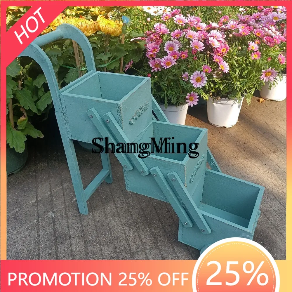 

SM home exquisite premium villa courtyard solid wood cart three-plate flower stand B & B balcony wooden bonsai shelf