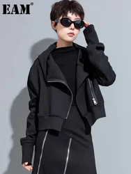 [EAM] Black Zipper Irregular Big Size Short Jacket New Hooded Long Sleeve Women Coat Fashion Tide Spring Autumn 2024 1DH7062