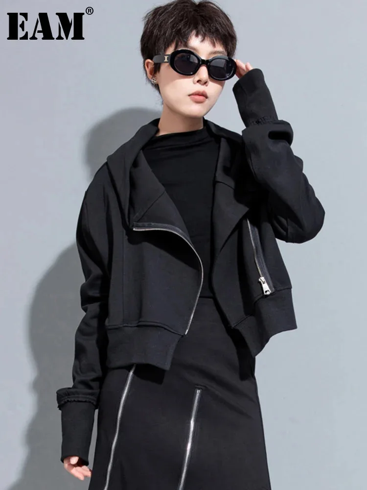 [EAM] Black Zipper Irregular Big Size Short Jacket New Hooded Long Sleeve Women Coat Fashion Tide Spring Autumn 2025 1DH7062