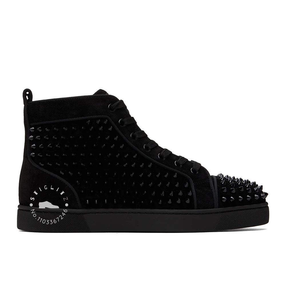 Black Studded Leather High-Top Sneakers Classic Punk Style Rivet Round Toe Skate Shoes Comfortable Lace-Up Casual Shoes for Men