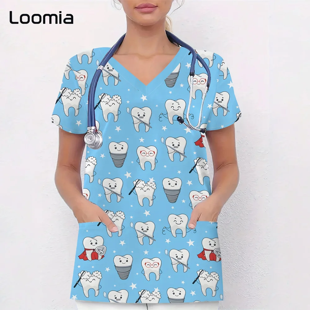 

New Dental Nurse Surgical Uniforms Woman V-Neck Teeth Graphic T-Shirt Clinical Uniform Woman Fashion Medical Suit for Women Tops