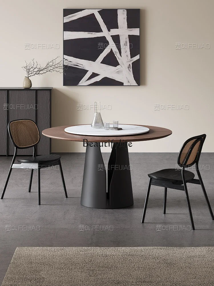 

yj7 Nordic solid wood round dining table household glass turntable dining table modern simple black walnut