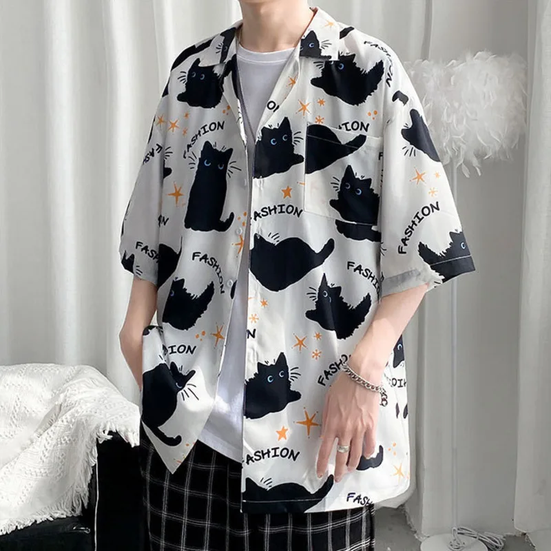 Summer Men Hawaiian Shirt Black Cat Animal 3D Printing Lapel Short Sleeve Plus Size Beach Shirts Street Fashion All-Match Tops