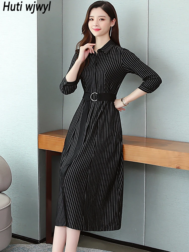 Spring Autumn Black Striped Runway Midi Dress Women Fashion Polo Collar Office Lady Dress 2024 Elegant Bodycon Party Night Dress