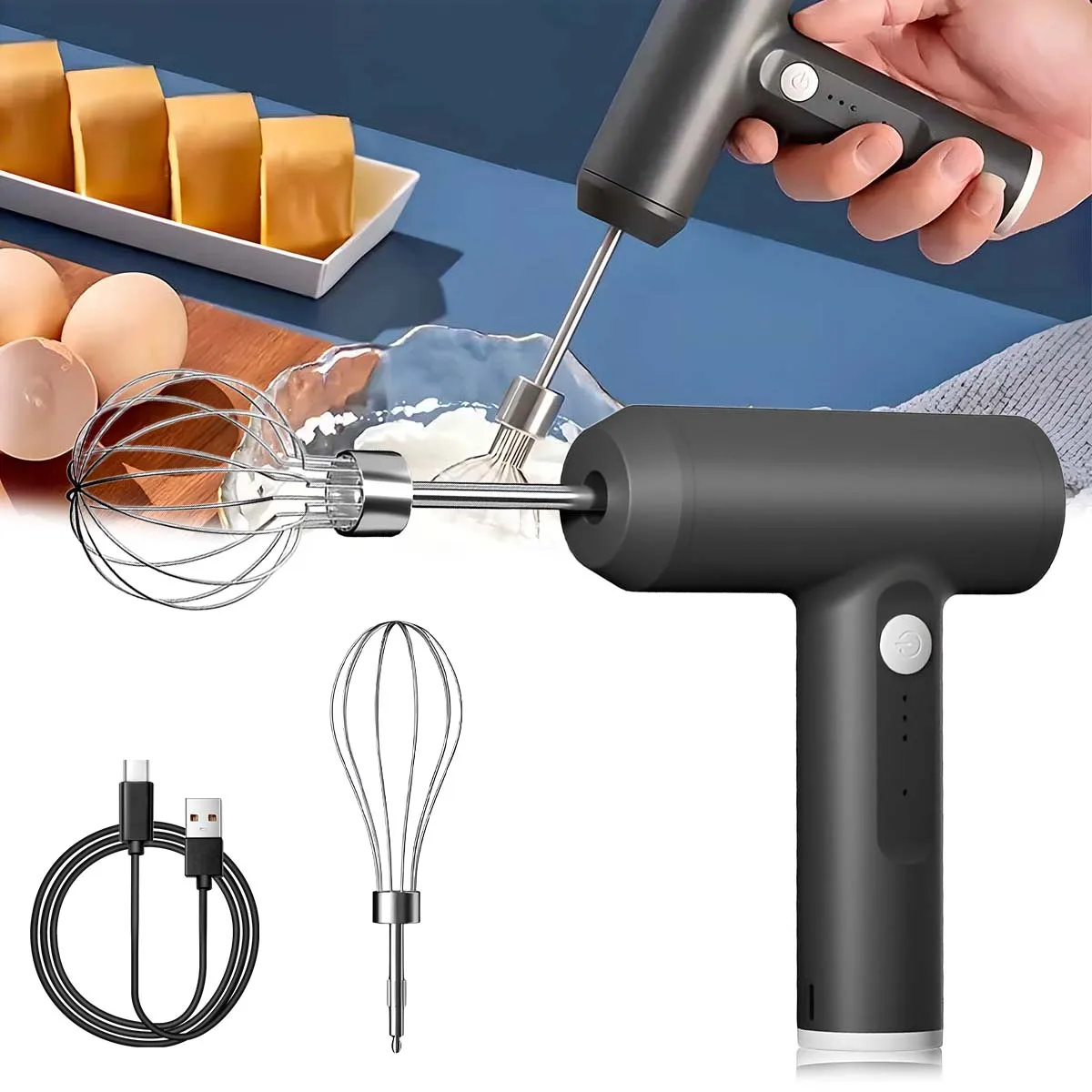 Batedor de Ovos Elétrico Portátil com 3 Velocidades, Mixer Recarregável 800mAh Sem Fio para Cozinha e Confeitaria - Oferta Imperdível