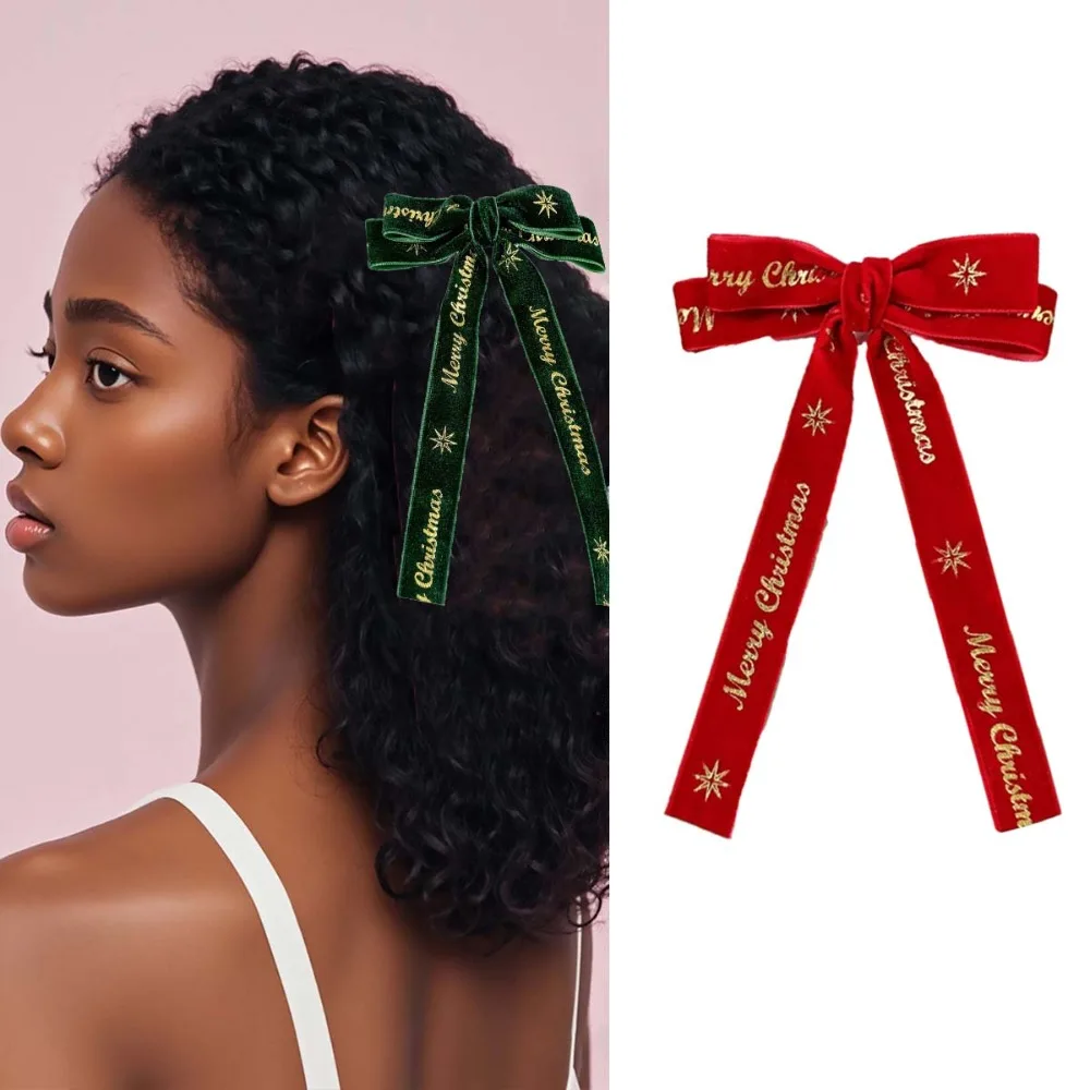 Soft Alloy Christmas Hair Clip Sweet Green Bow Hair Accessory Duckbill Clip Barrette Velvet Ribbon Headdress Festival