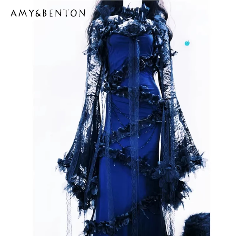 

Original Gothic Design Black Lace Floral Sleeve Women's Cardigan Jacket 2026 New Model Dark Blue Sexy Tube Top Dresses Ladies
