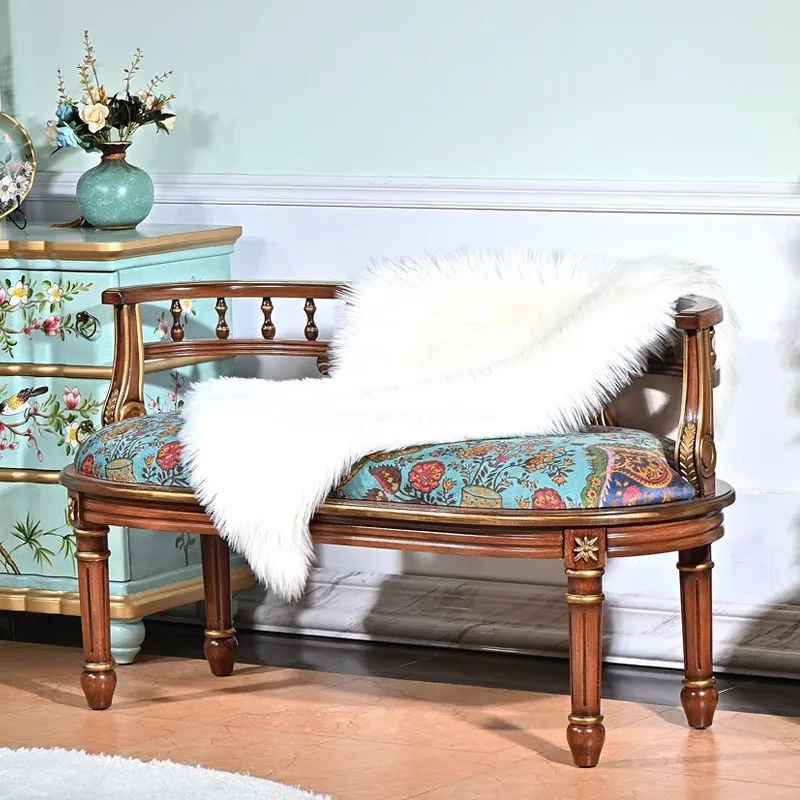 

American solid wood double chair living room balcony leisure chair retro furniture European single backrest sofa chair bench