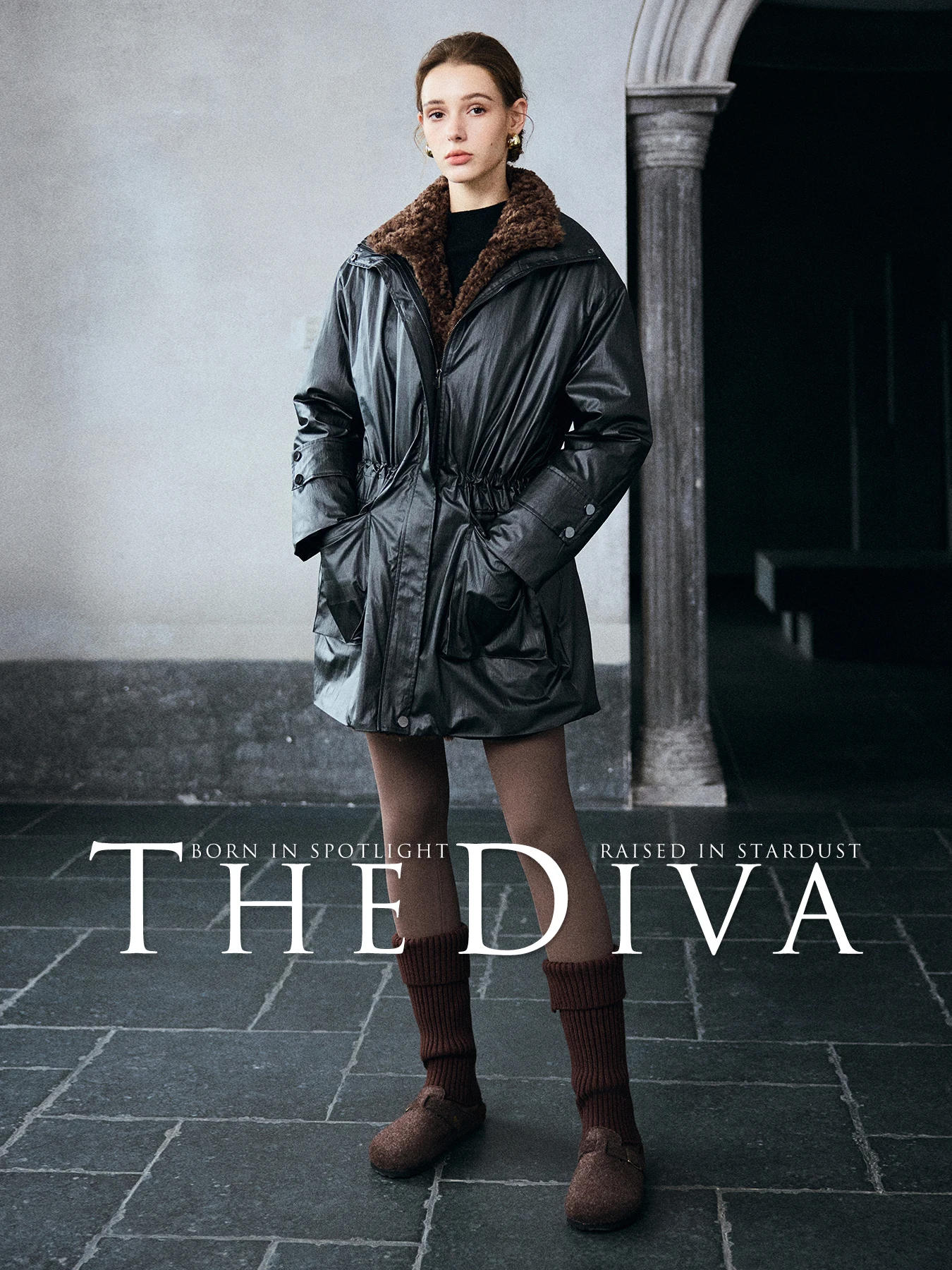 

the Diva Classic Retro Meteorite Bla Fur Collar Warm Mid-Length Cotton Jaet Winter Thiened Cotton Coat Outerwear