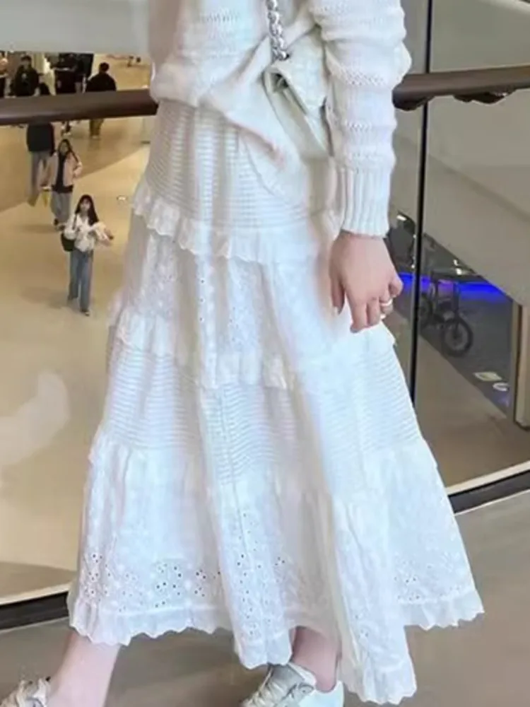 

Temperament Embroidered Jacquard Splice Lace High Waist All-match Loose Beige Skirt For Women 2024 Spring Summer X888