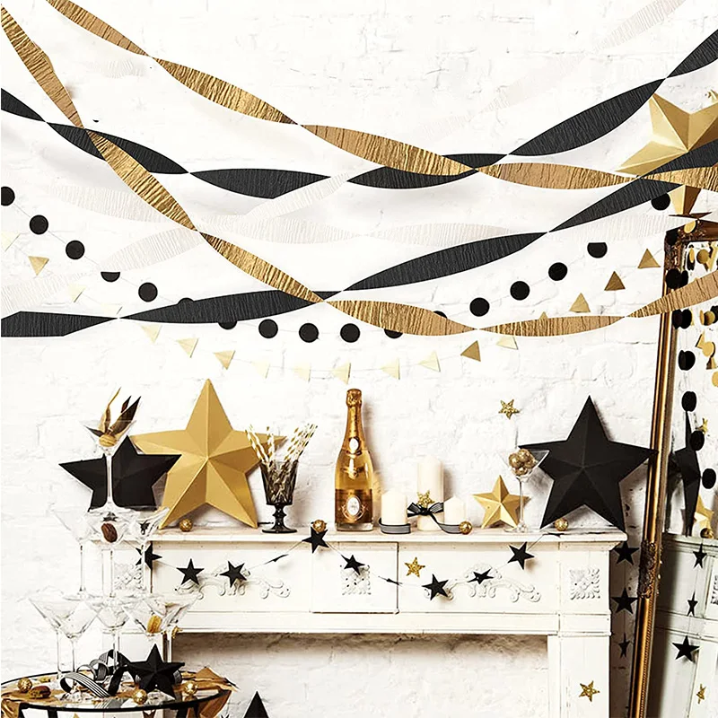 Czarne złoto Urodziny Party Streamer Rolls Dekoracja Crepe Paper Złota girlanda na Boże Narodzenie Nowy Rok Baby Bridal Shower Backdrop Decor
