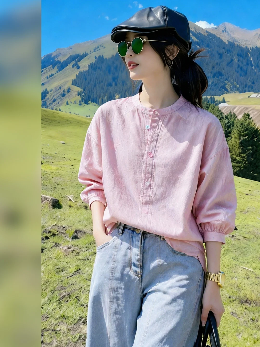Chic Summer Lightweight round Neck Shirt Women's Pink Color Commute Style Fashionable Versatile Gentle Wind Anti-Aging Top