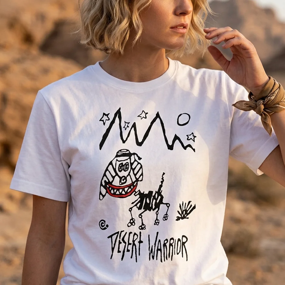 Women Desert Warrior Doodle Print T Shirt Funny Cartoon Graphic Tee Summer Short Sleeve Top Casual Streetwear Fashion Clothing