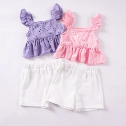 Toddler Girl Set 2024 Solid Color Flying Sleeves Hanging Strap Hollow Top+Pure Breathable Shorts Set 2-piece for Daily Wear