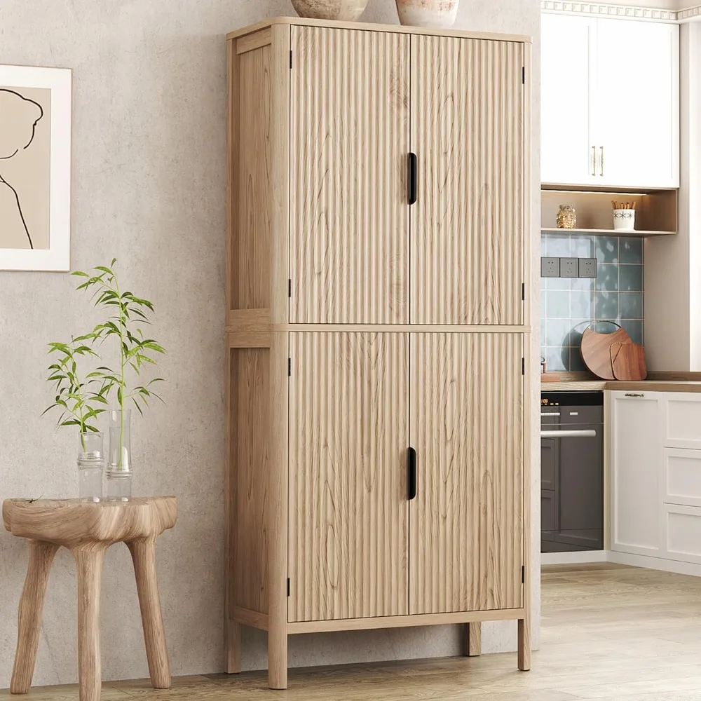 Geriffelter Speisekammer-Aufbewahrungsschrank, 73" hoher Aufbewahrungsschrank mit 4 verstellbaren Regalen, 6 Türregalen, 2 Schubladen, gebogenes Profil