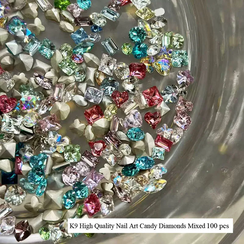 100pcs Mixed Candy Nail Diamonds K9 Pointed Bottom 3-6mm Nail Rhinestones Nails Decoration Wholesale