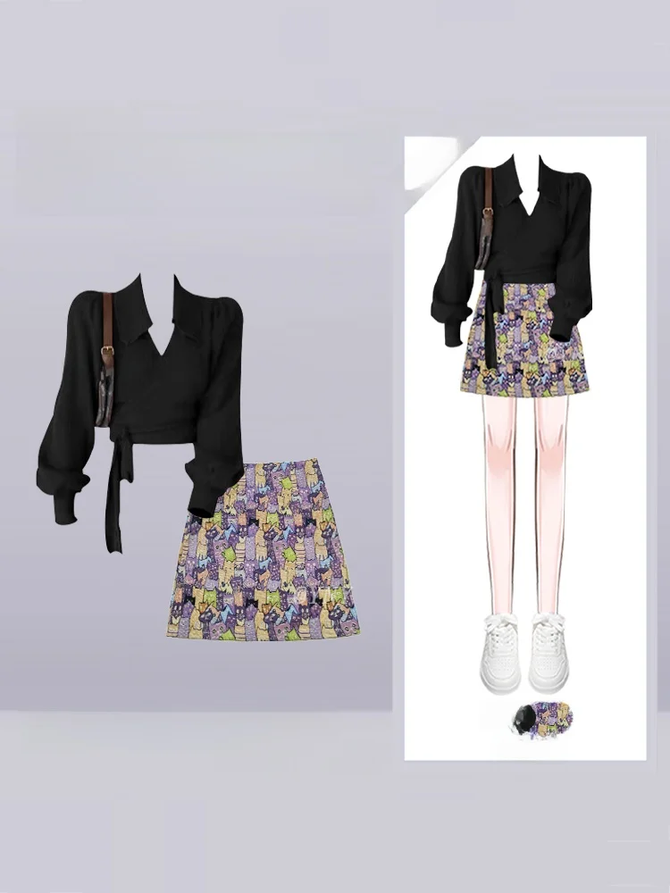 

Faionable Long Sve Трикотажный топ и юбка-трапеция Комплект из двух предметов для женщин Ele Утягивающий дизайн Осенняя одежда