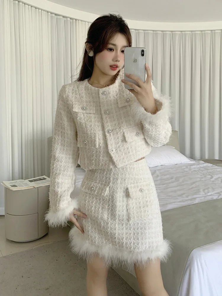 High Street Fashion Luxury Small Fragrance Two Piece Set For Women Short Jackets Coat + Skirt Suits Winter Sweet 2 Piece Sets