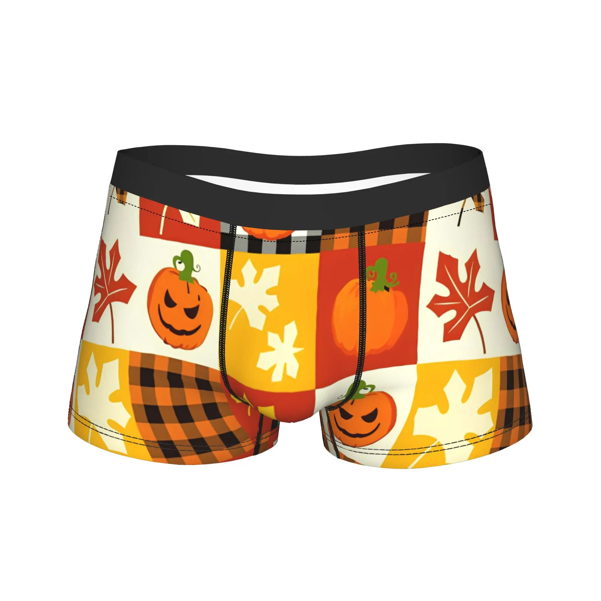 Men's Halloween Pumpkin Leaf Patterned Long Underwear  Funny Boxer Briefs Shorts Panties Male Mid Waist Underpants Plus Size