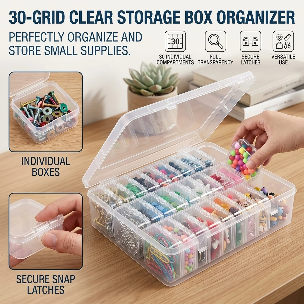 Small 30 Grids Diamond Box Clear Plastic Jewelry Craft Storage Container,Craft Storage with Adjustable Dividers