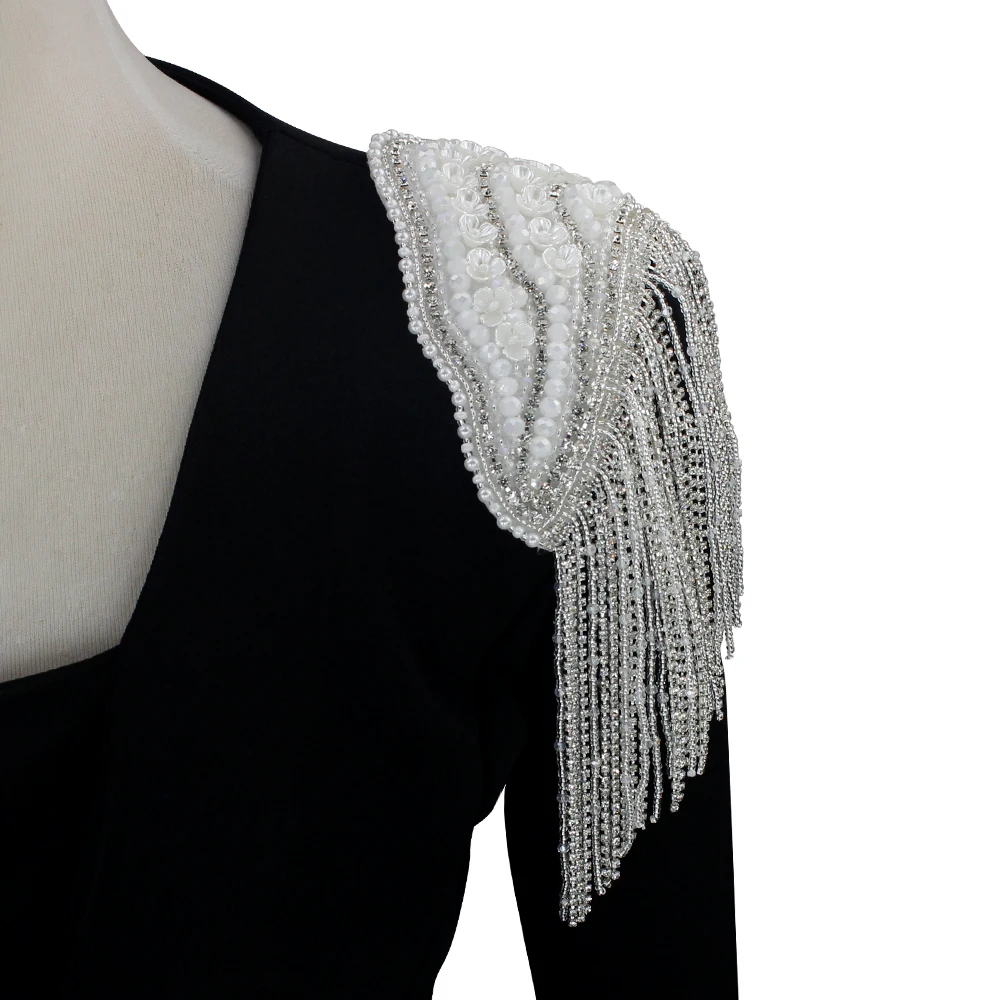 Crystal Tassel Fringe Epaulettes Shoulder Patches Flower Tassel Rhinestones  Epaulet Pin Back for Women Formal Dress 2pieces