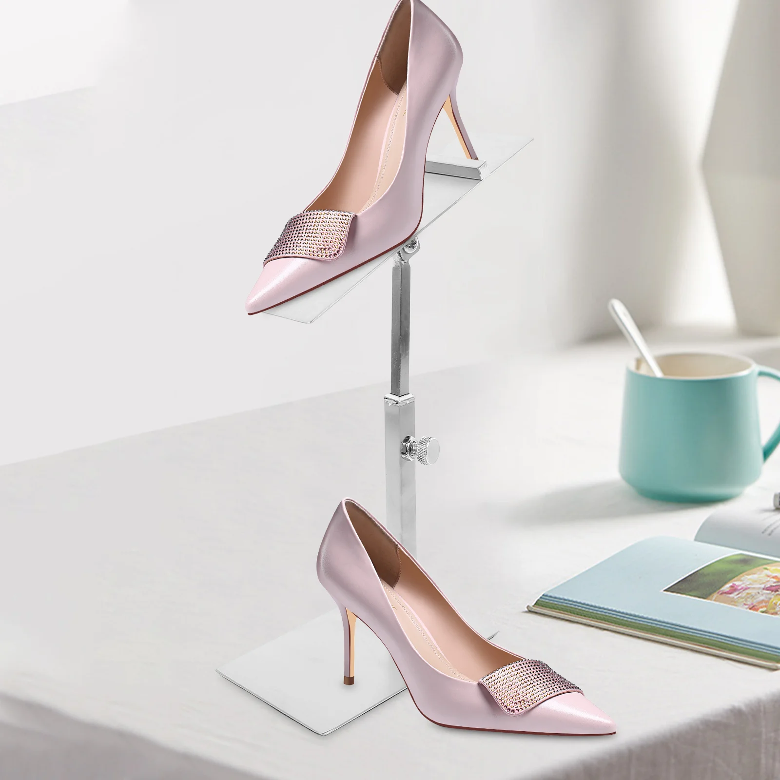

Adjustable High Heel Display Stand Shoe Rack for Closet Floor Metal Entryway Golden Stainless Steel Shop Shoe Holder Tilt Angle