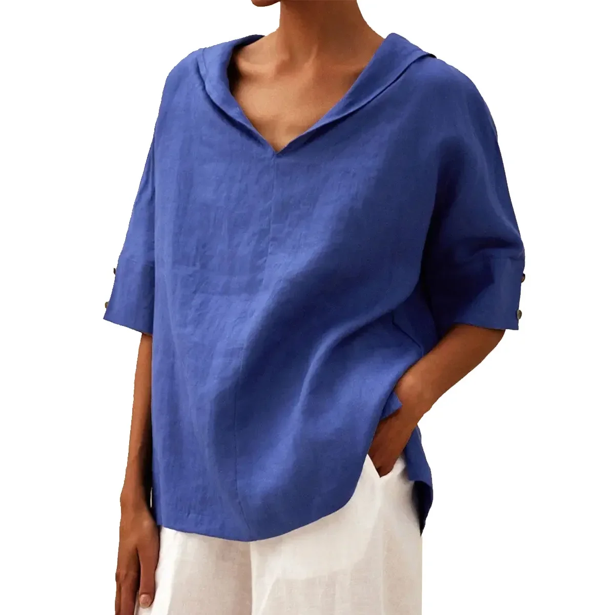 Women Solid Collared V Neck Linen Shirt 3/4 Roll Up Sleeve Loose Casual Tunic Top