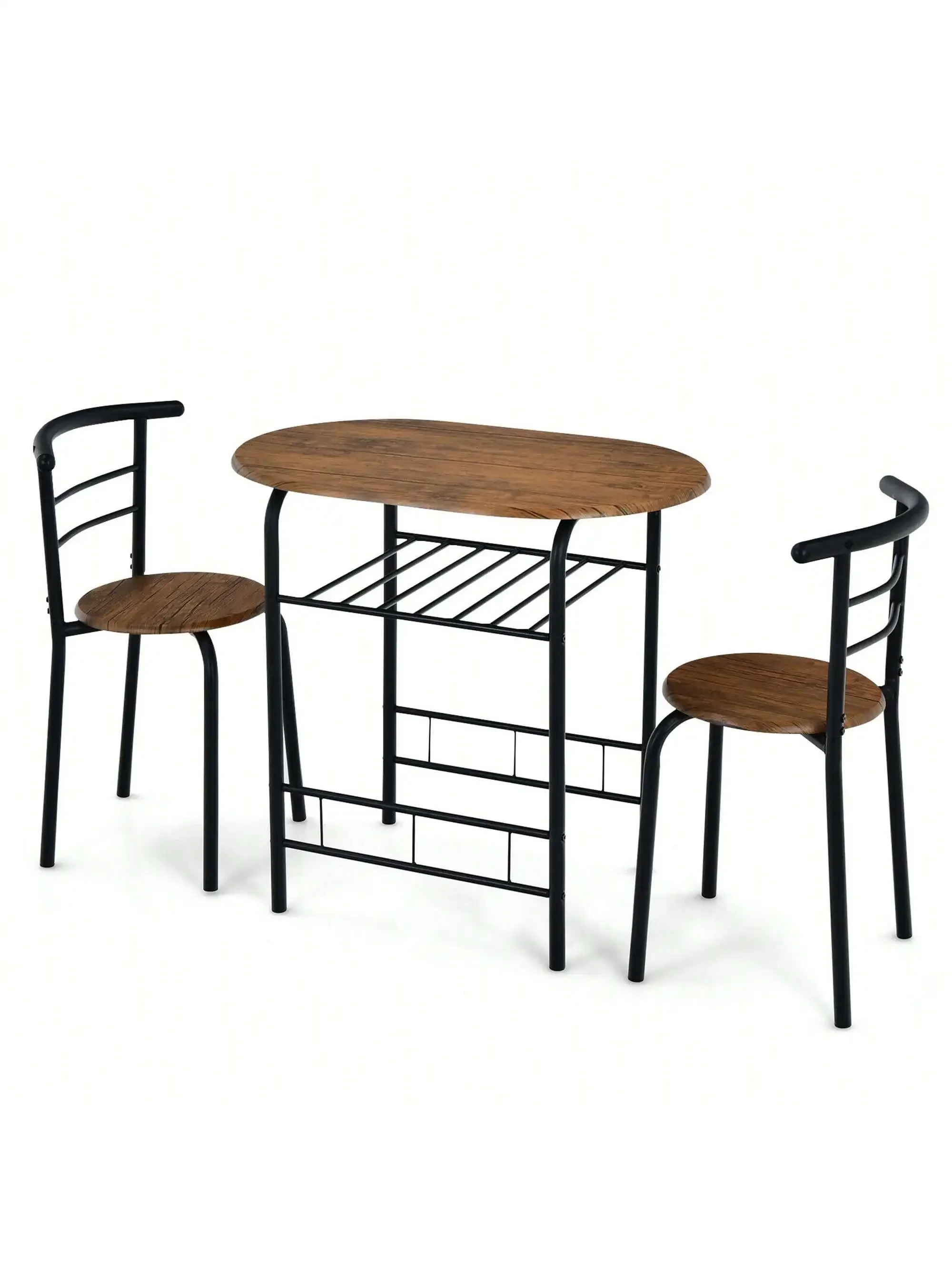 3 PCS Wooden Round Table & Chairs Set Dining Table Set with Rustproof Steel