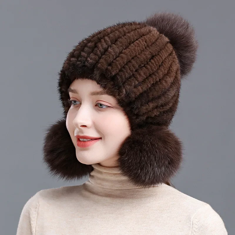 Gran oferta de invierno, gorro de piel auténtica de visón para mujer, gorro cálido con orejas de piel de visón tejido, gorros en espiral con pompón de piel de zorro en la parte superior