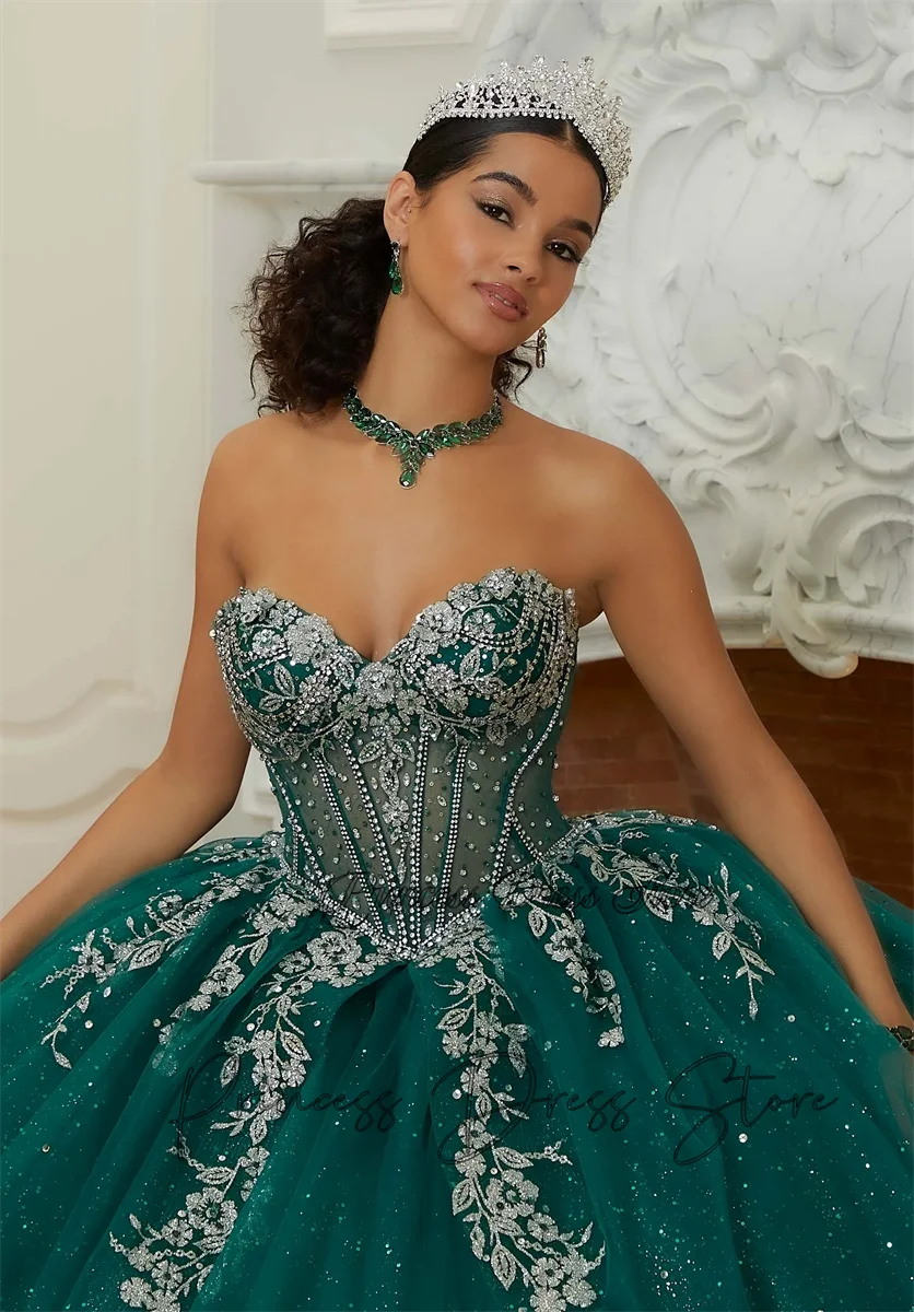 Блестящее бальное платье принцессы изумрудного цвета, платья для Quinceanera, с бусинами, кружевами, аппликациями, кристаллами, бусинами, свадебное платье, милое платье на выпускной вечеринку 16