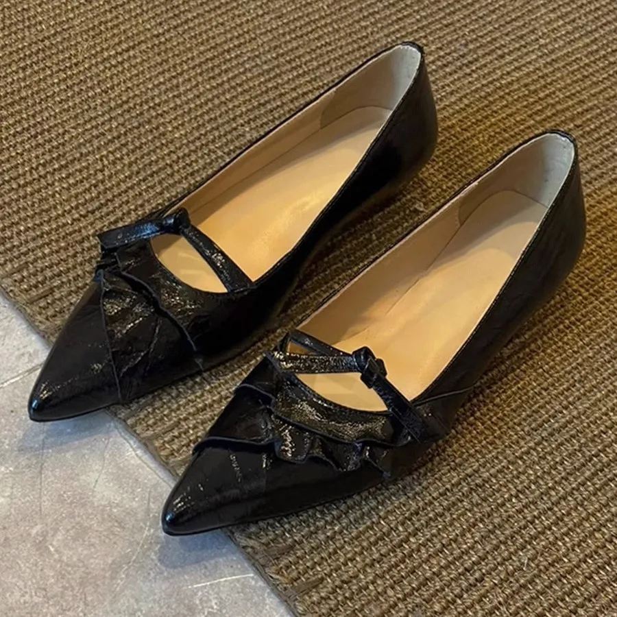 

Женские туфли-лодочки на низком каблуке с бантом и оборками, женские модные лоферы на танкетке с острым носком, элегантные уютные офисные туфли для поездок на работу