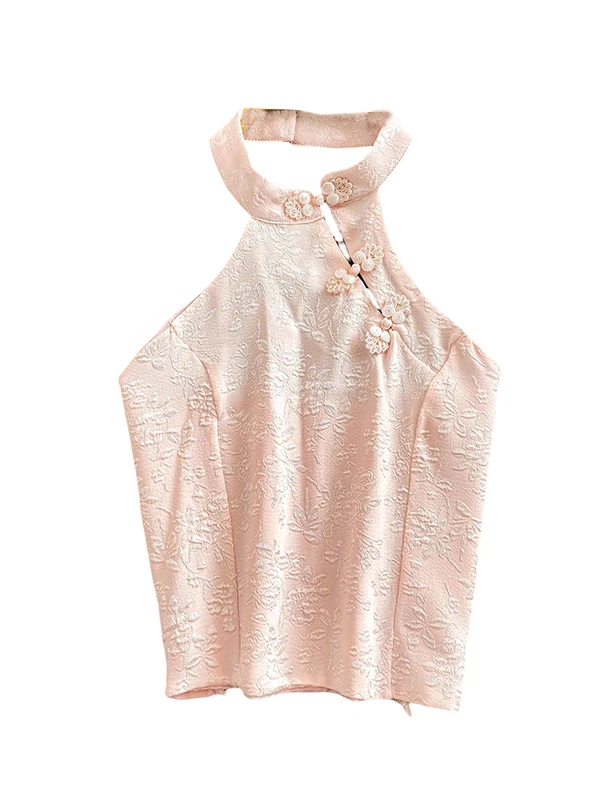 新しい中国風レトロセクシーなショートトップ女性のノースリーブベスト重い刺繍ネックハンギングデザイン痩身ファッショナブル