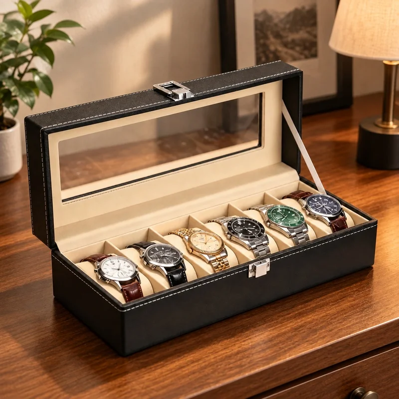 Men's Watch Storage Box with Glass Lid, PU Leather Exterior, Multiple Compartments, and Display Stand - Perfect Gift Organizer