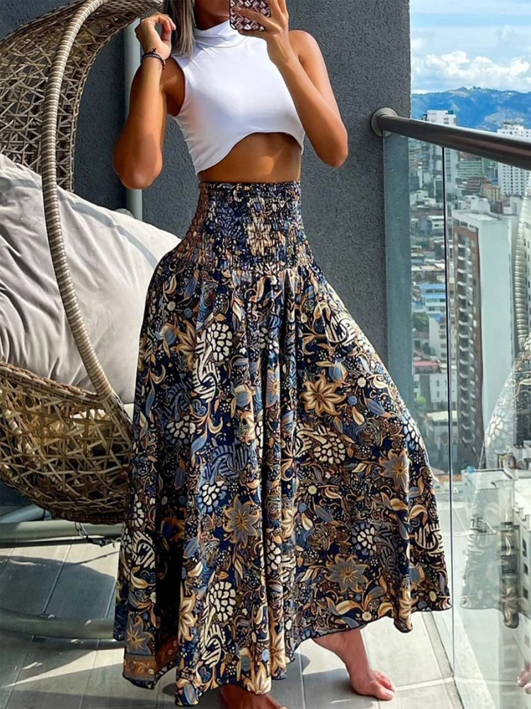 Boho Print Long Skirts For Women 2024 Summer Casual Elastic High Waist A-line Big Swing Dress Vacation Beach Party Skirt Robe