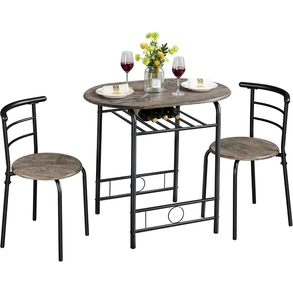 3 Piece Dining Table Set, Kitchen Table & Chair Sets for 2, Compact Bistro Table Set with Steel Legs, Built-in Wine Rack
