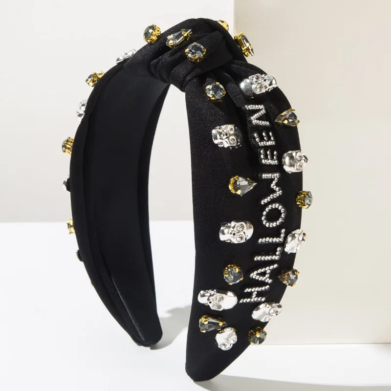 

1PCS/ Gothic Knotted Headband for Women Skull Embellished Rhinestone Halloween Costume Comfy Top Knot Black White