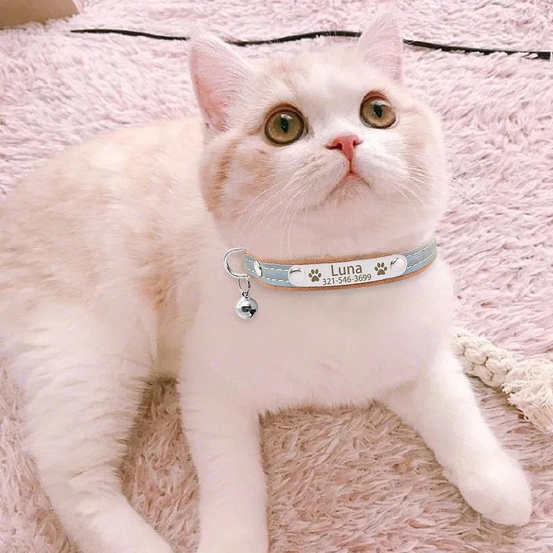 Soft Leather Reflective Cat Collar Personalized Name Tag Cat Collar Custom Engraved Safety Breakaway Nmaeplate Cat Collar