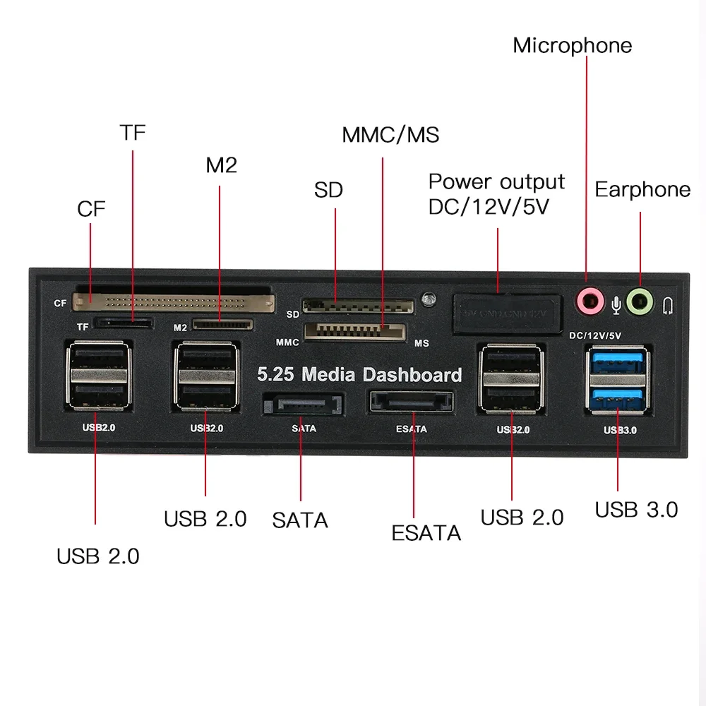 Multifunctionele USB 3.0 Hub SATA-poort Ingebouwde kaartlezer PC Dashboard Media Voorpaneel Audio voor SD MS M2 MMC Geheugenkaarten