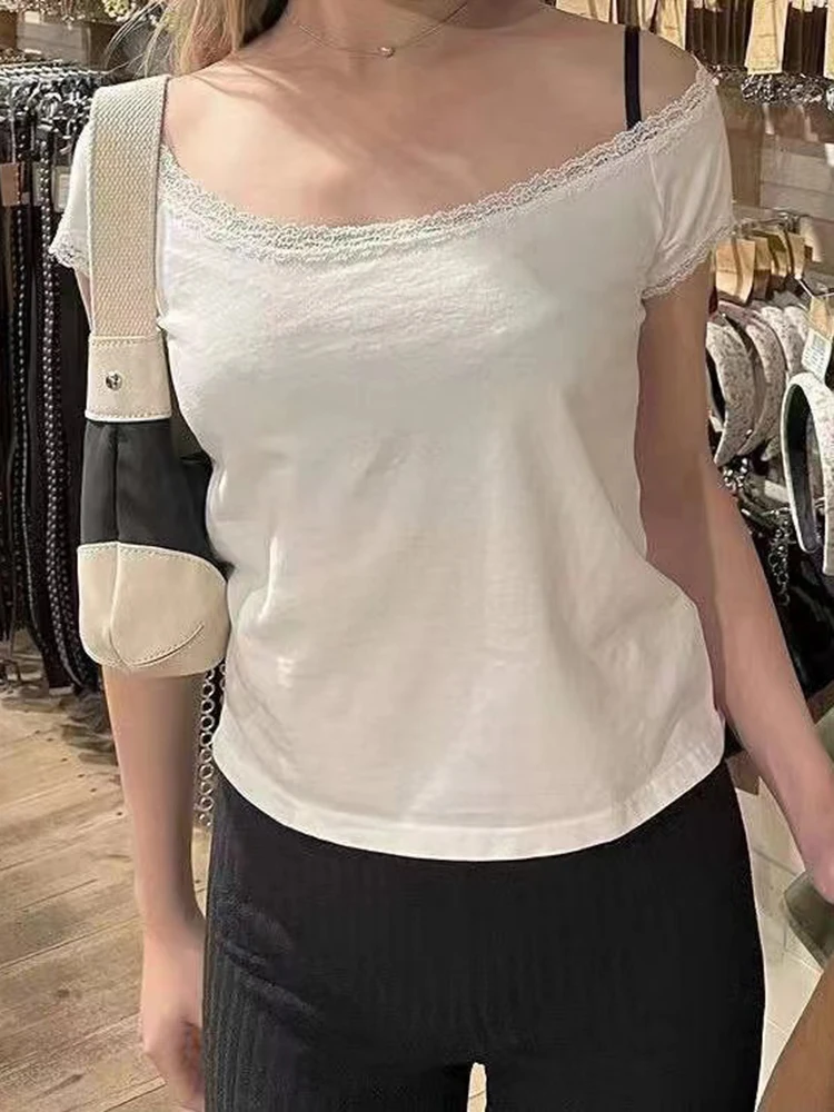 

Lace Trim T-Shirt Women White Cotton Slash Neck Sexy Short Sleeve T-shirts Tees Female Harajuku Sweet Tops Y2k Clothes Summer