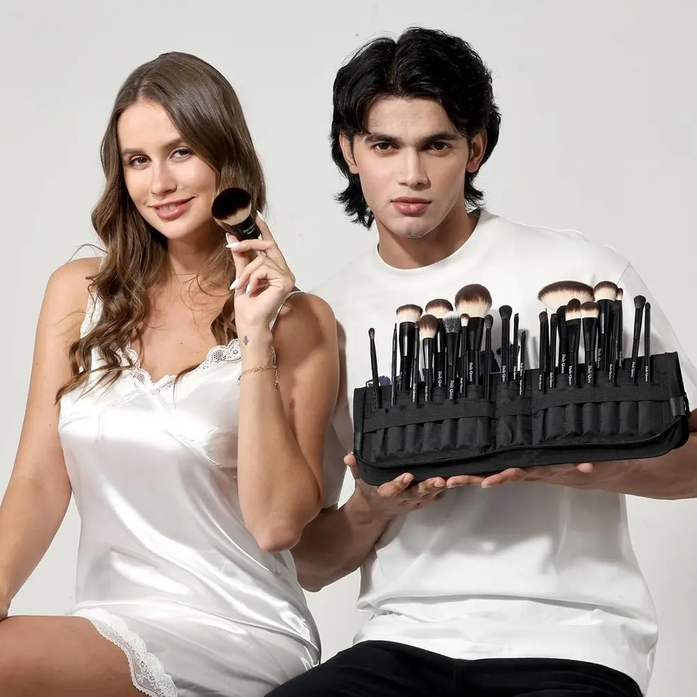 Lot de 25 pinceaux de maquillage professionnels noirs avec support – Pinceaux Kabuki, poudre, anticernes, fard à joues, eye-liner, sourcils, contour et estompeurs pour les yeux